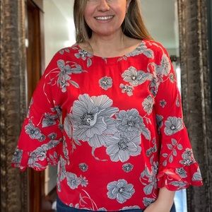 Keren hart Red Bell Sleeve Floral Top, Size XL